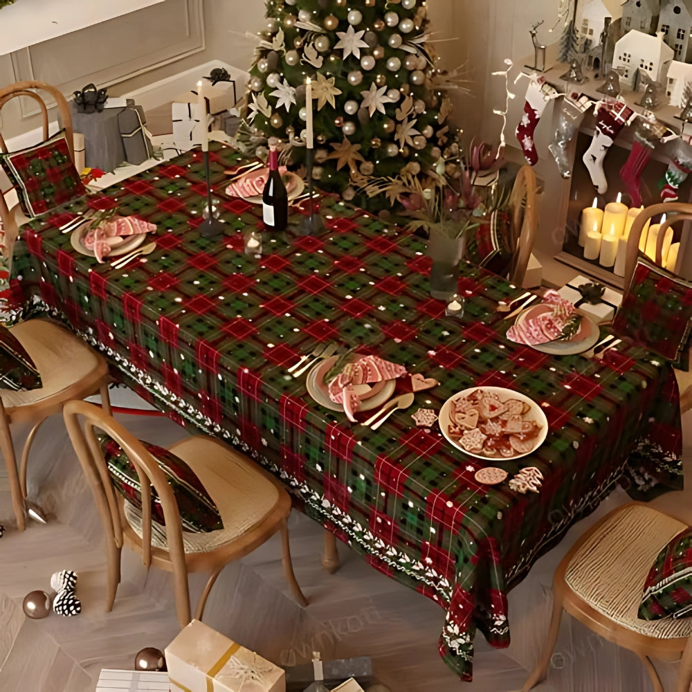 Festive Red Christmas Chenille Tablecloth Dark Green
