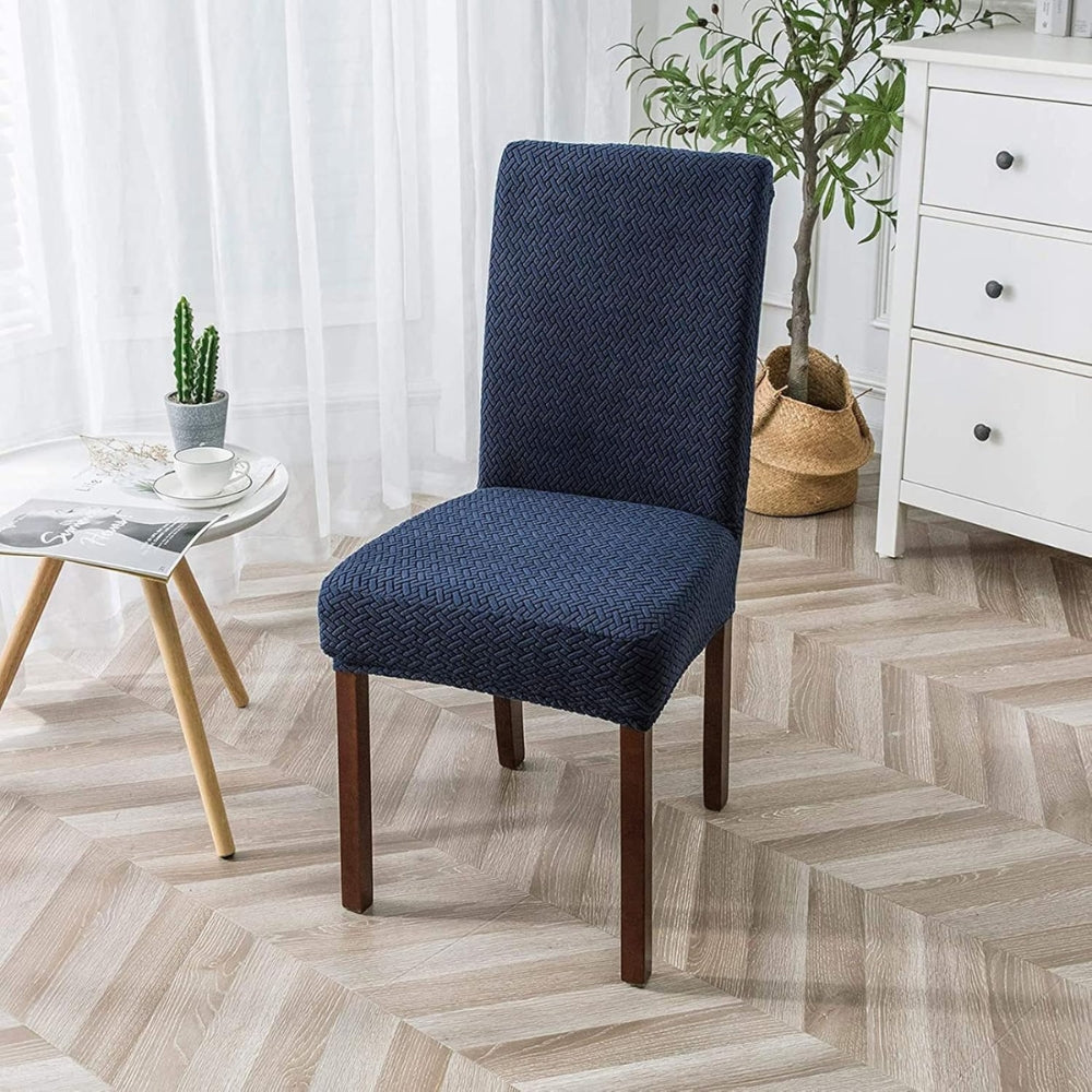 Sylva Jacquard Velvet Stretch Dining Chair Cover Navy Blue