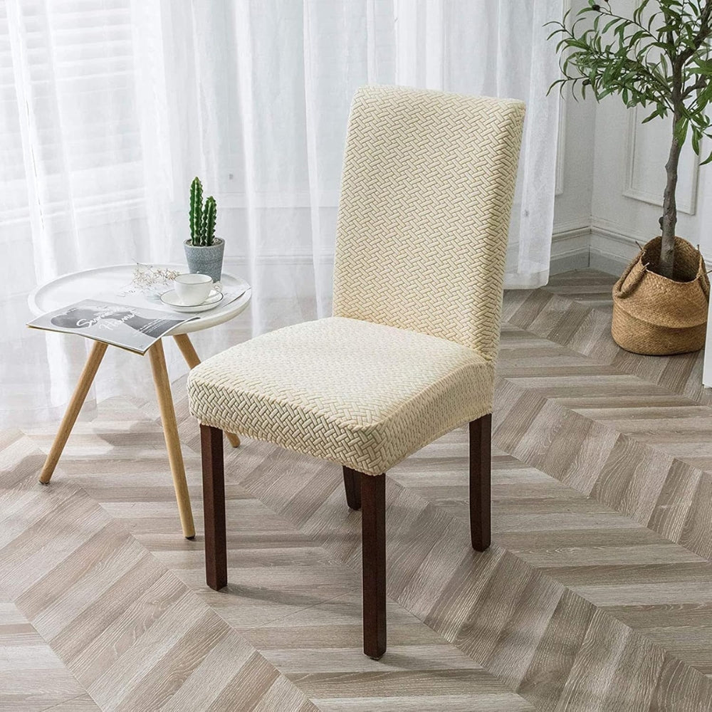 Sylva Jacquard Velvet Stretch Dining Chair Cover Cream Beige