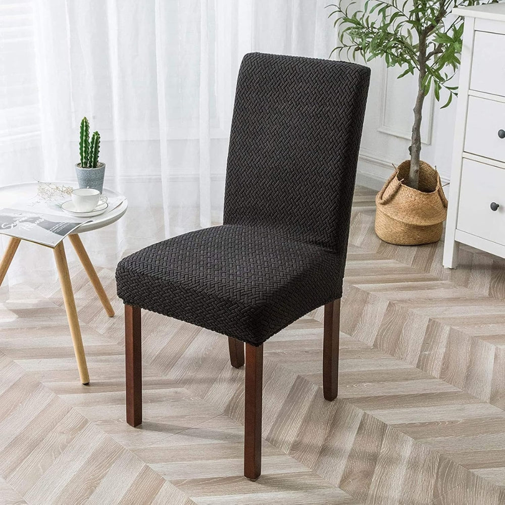 Sylva Jacquard Velvet Stretch Dining Chair Cover Deep Black