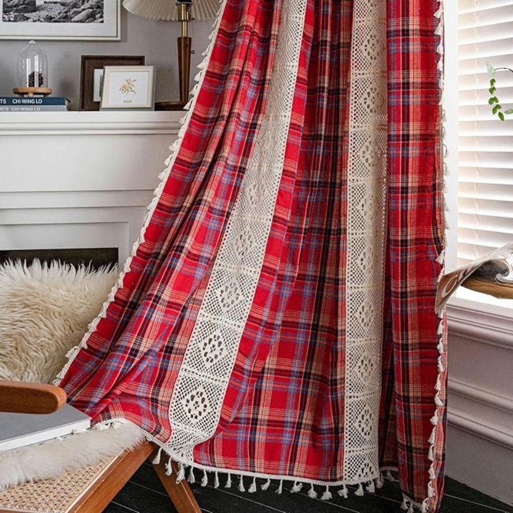 Tartan Crochet Lace Tassel Curtain Deep Red