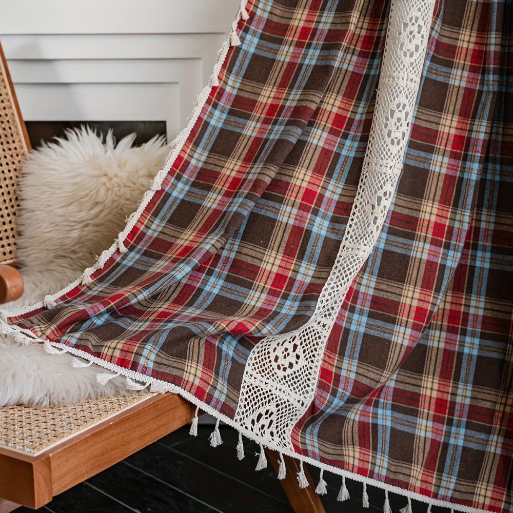 Tartan Crochet Lace Tassel Curtain Chocolate Brown