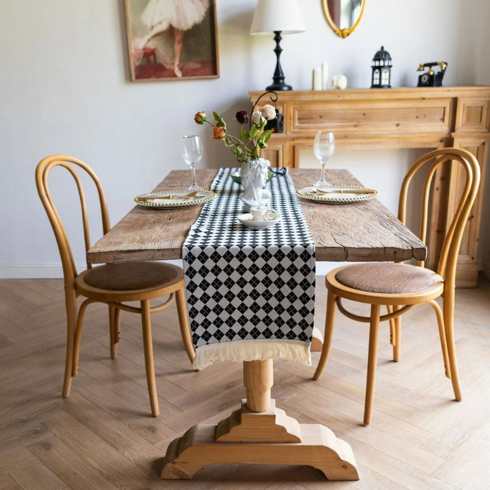 Tasseled Diamond Checkered Table Runner Black Lattice