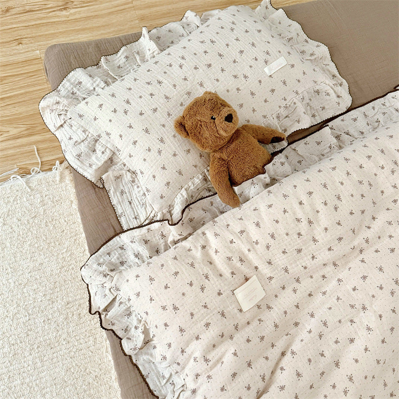 Cotton Gauze Duvet Cover Set – Taupe Floral with Ruffles