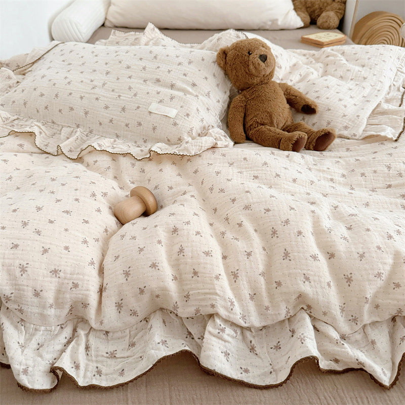 Cotton Gauze Duvet Cover Set – Taupe Floral with Ruffles