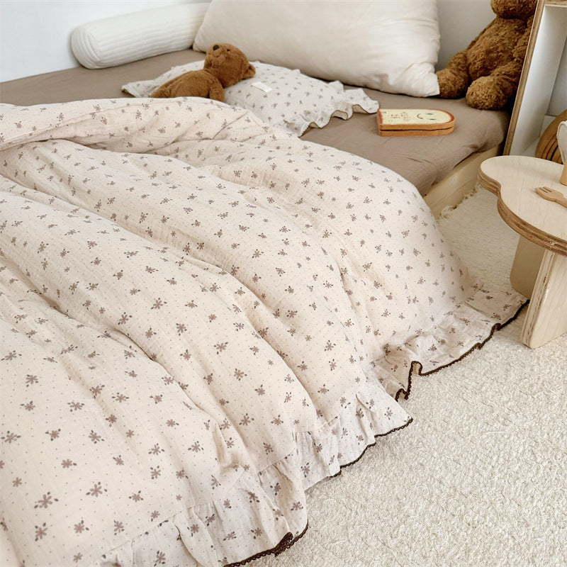 Cotton Gauze Duvet Cover Set – Taupe Floral with Ruffles