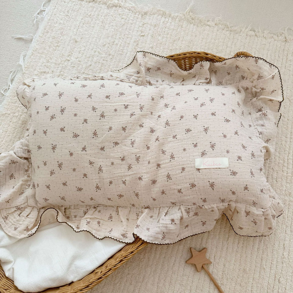 Cotton Gauze Duvet Cover Set – Taupe Floral with Ruffles