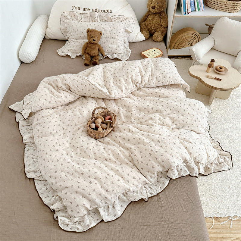Cotton Gauze Duvet Cover Set – Taupe Floral with Ruffles