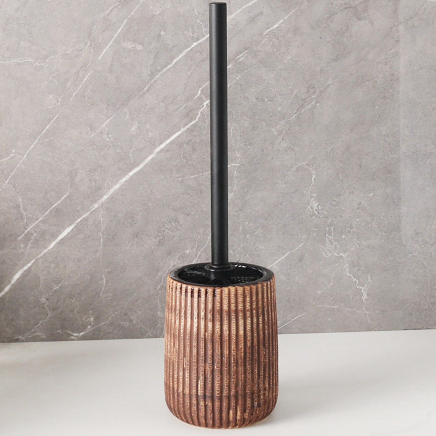 Textured Ceramic Toilet Brush Holder Set Bronze Ribbed