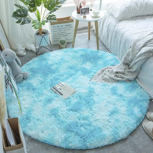Tie Dye Rainbow Faux Fur Rug Aqua