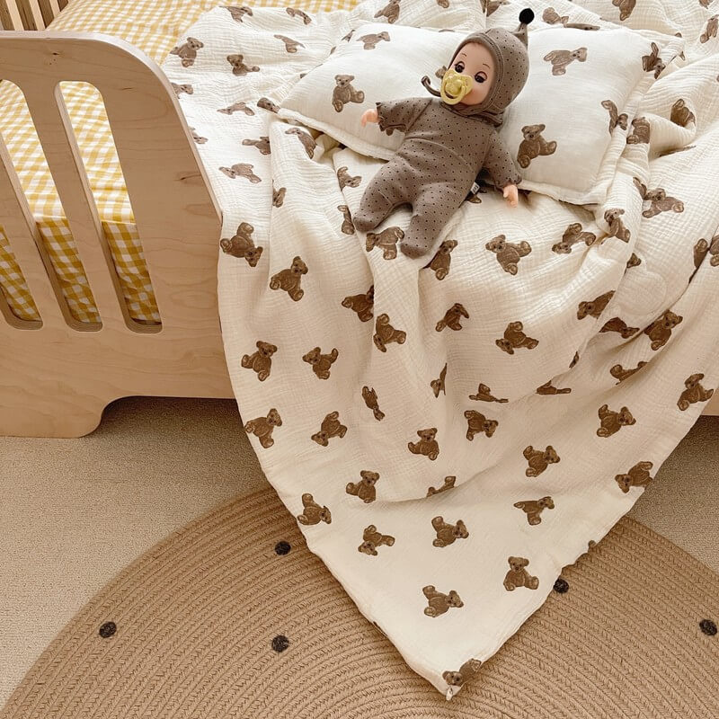 Teddy Bear Baby Quilt – Soft Cotton Gauze Nursery Bedding
