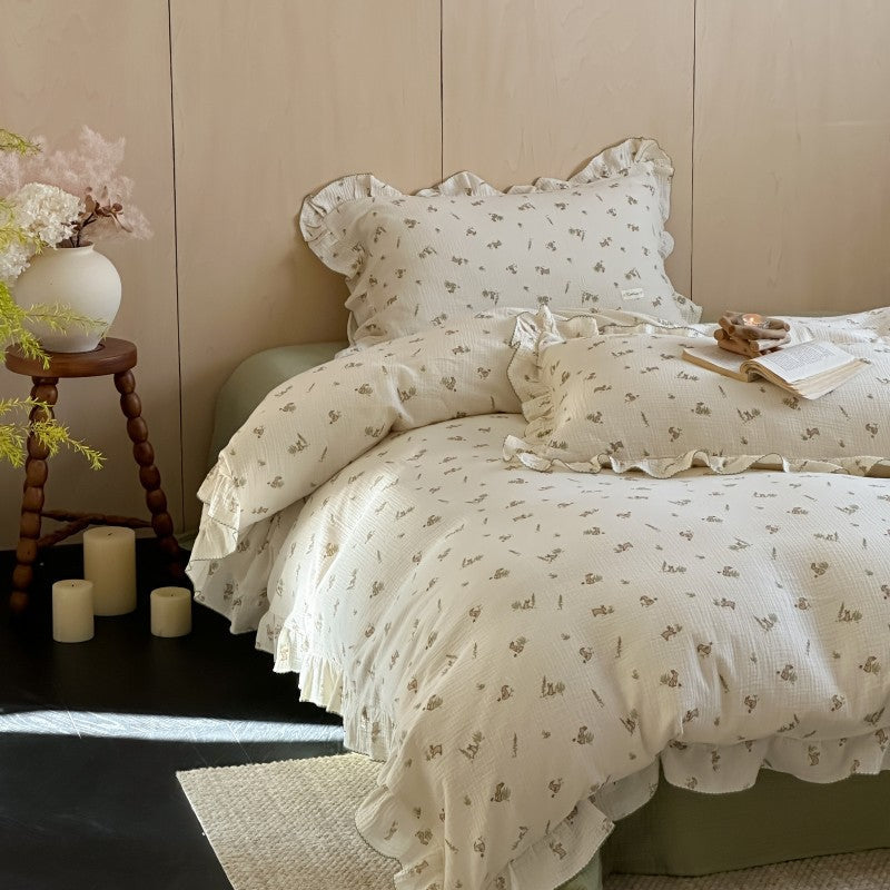 Bunny Print Duvet Cover Set – Ruffled Cotton Muslin