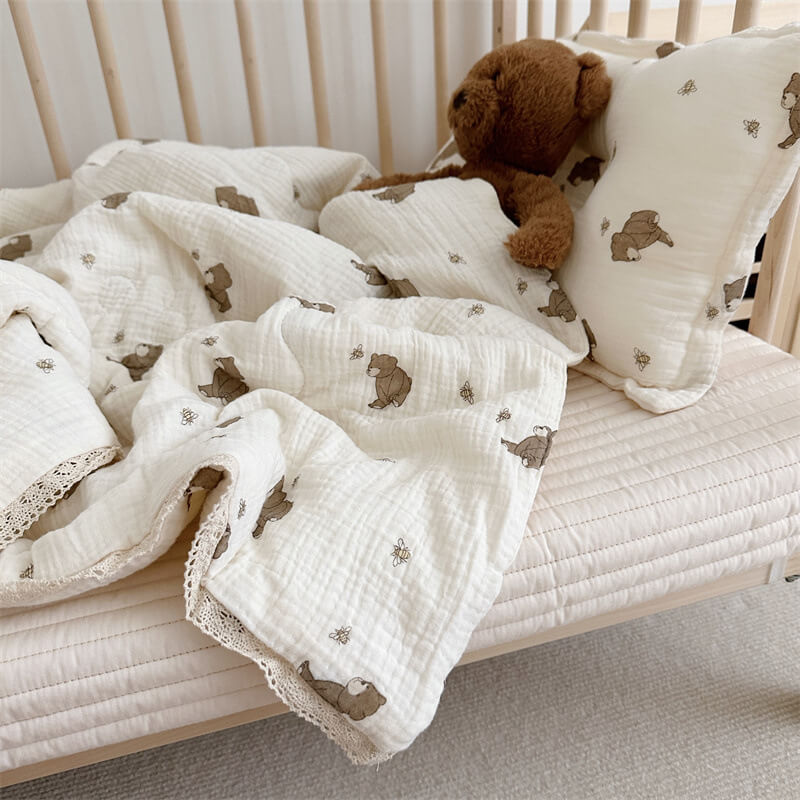 Honey Bear Toddler Comforter – Cotton Muslin with Lace Trim