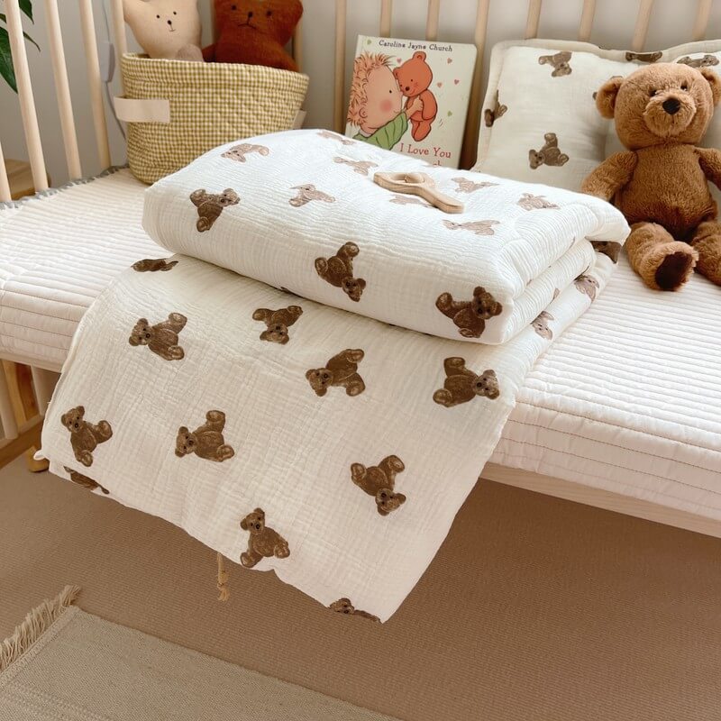 Teddy Bear Baby Quilt – Soft Cotton Gauze Nursery Bedding