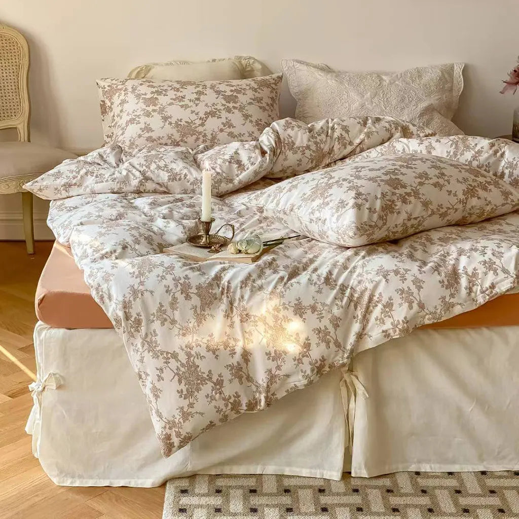Toile Floral Cotton Bedding Set Brown Full