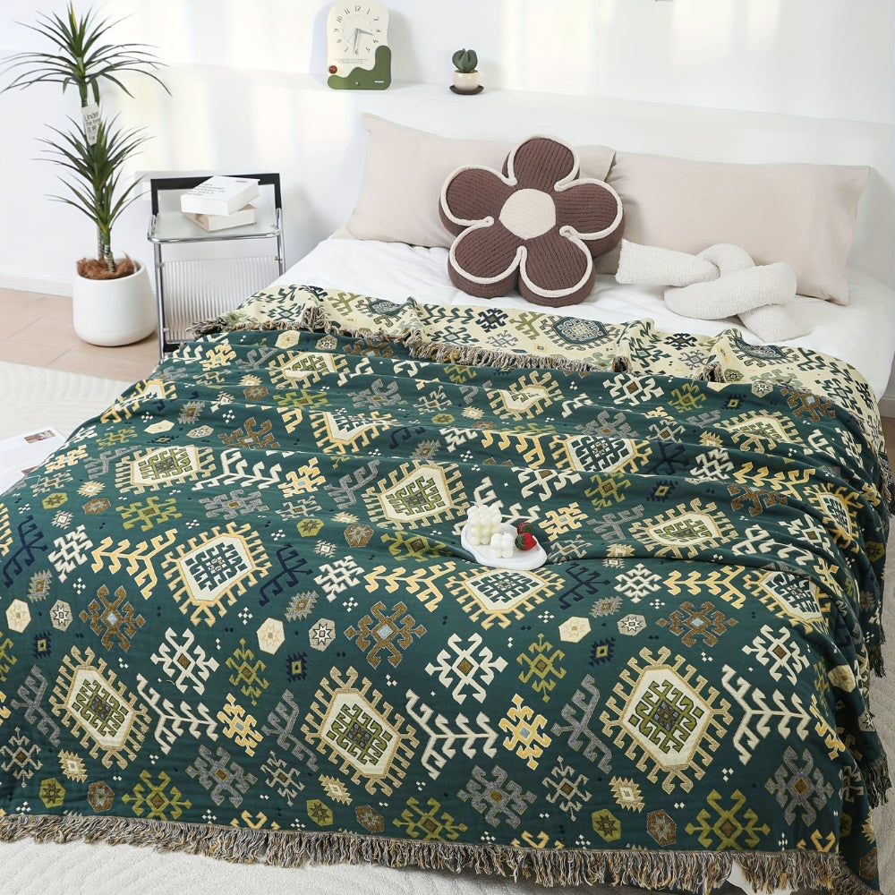 Tribal-Inspired Soft Geometric Fringe Blanket Forest Tribe