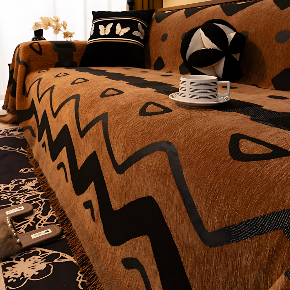 Tribal Geometric Chenille Sofa Cover Black Curve
