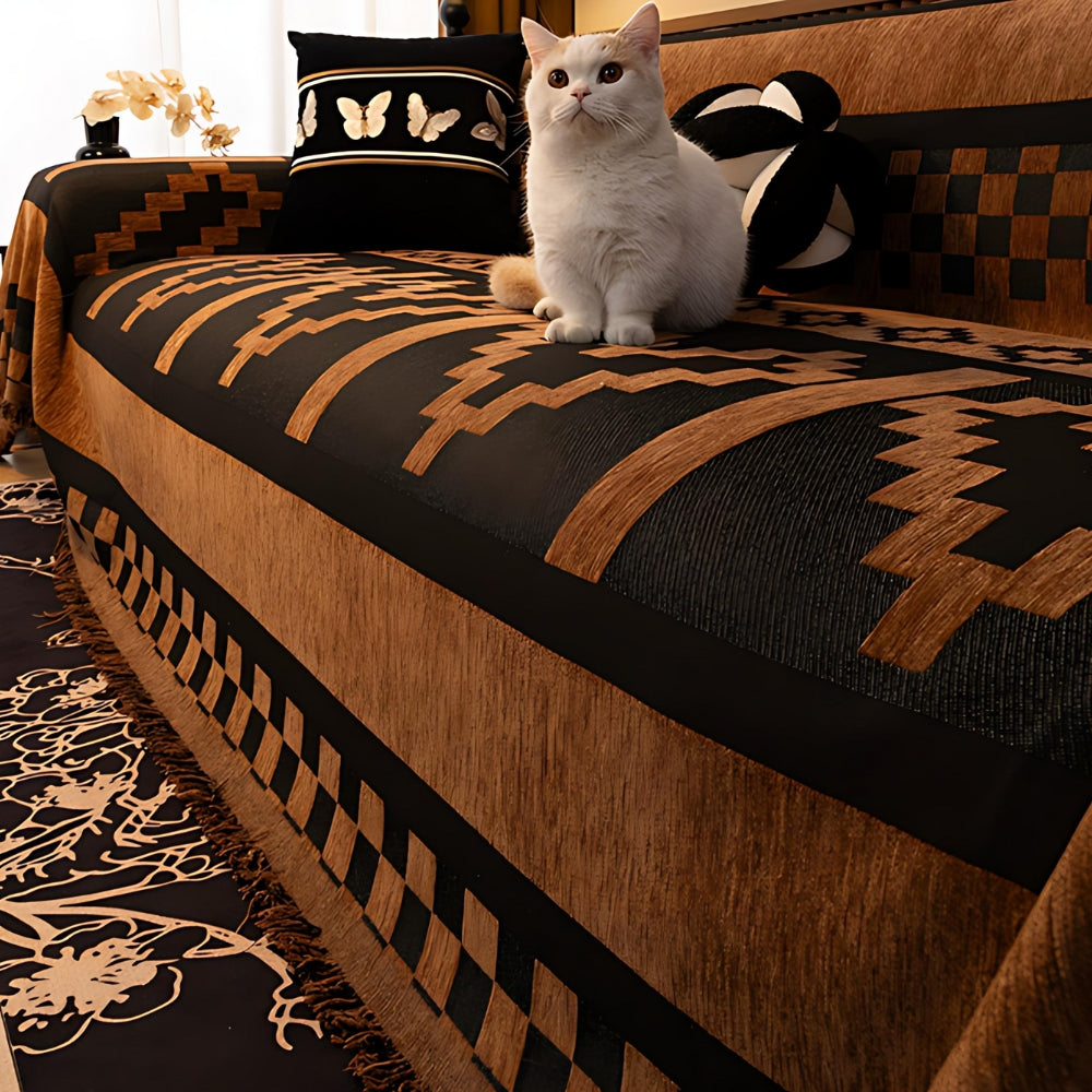 Tribal Geometric Chenille Sofa Cover Step Pattern