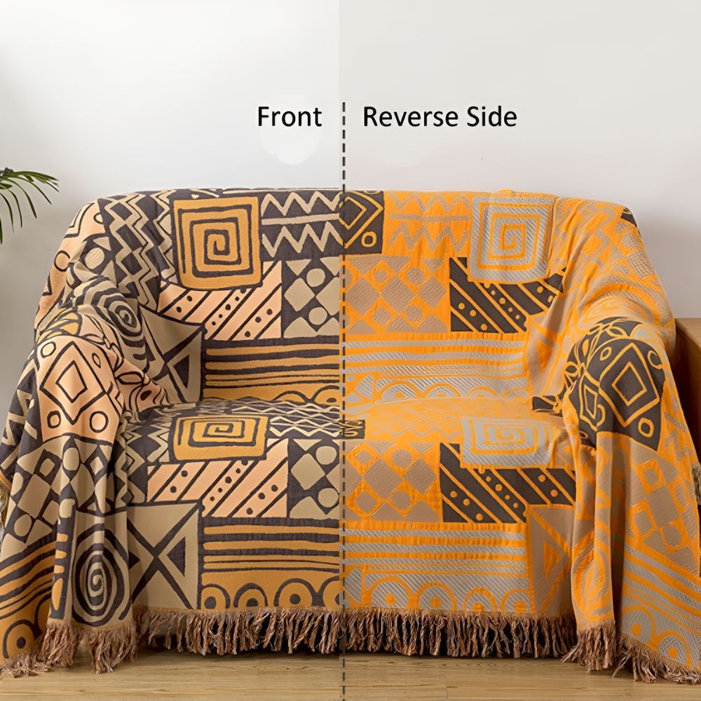 Tribal Patchwork Reversible Tassel Cotton Blanket Beige & Mocha