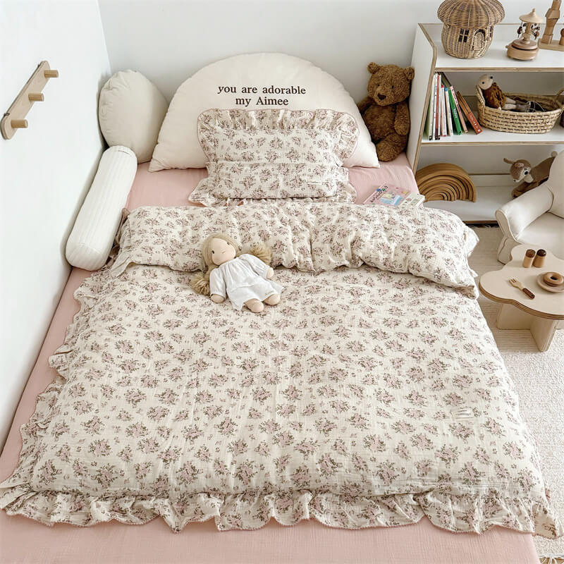 Pink Rose Ruffle Bedding Set – Breathable Cotton Gauze