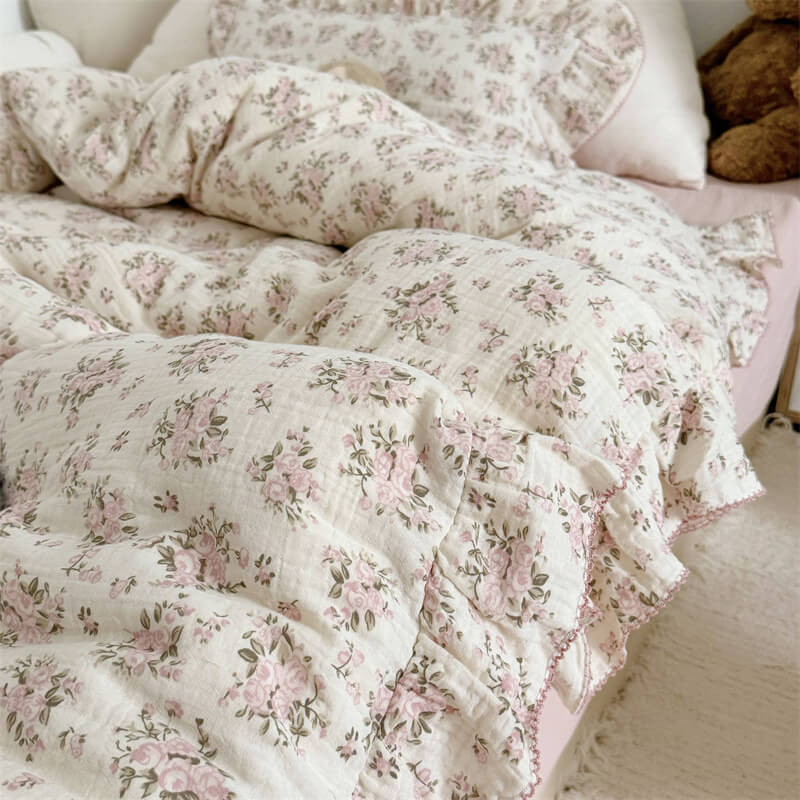 Pink Rose Ruffle Bedding Set – Breathable Cotton Gauze