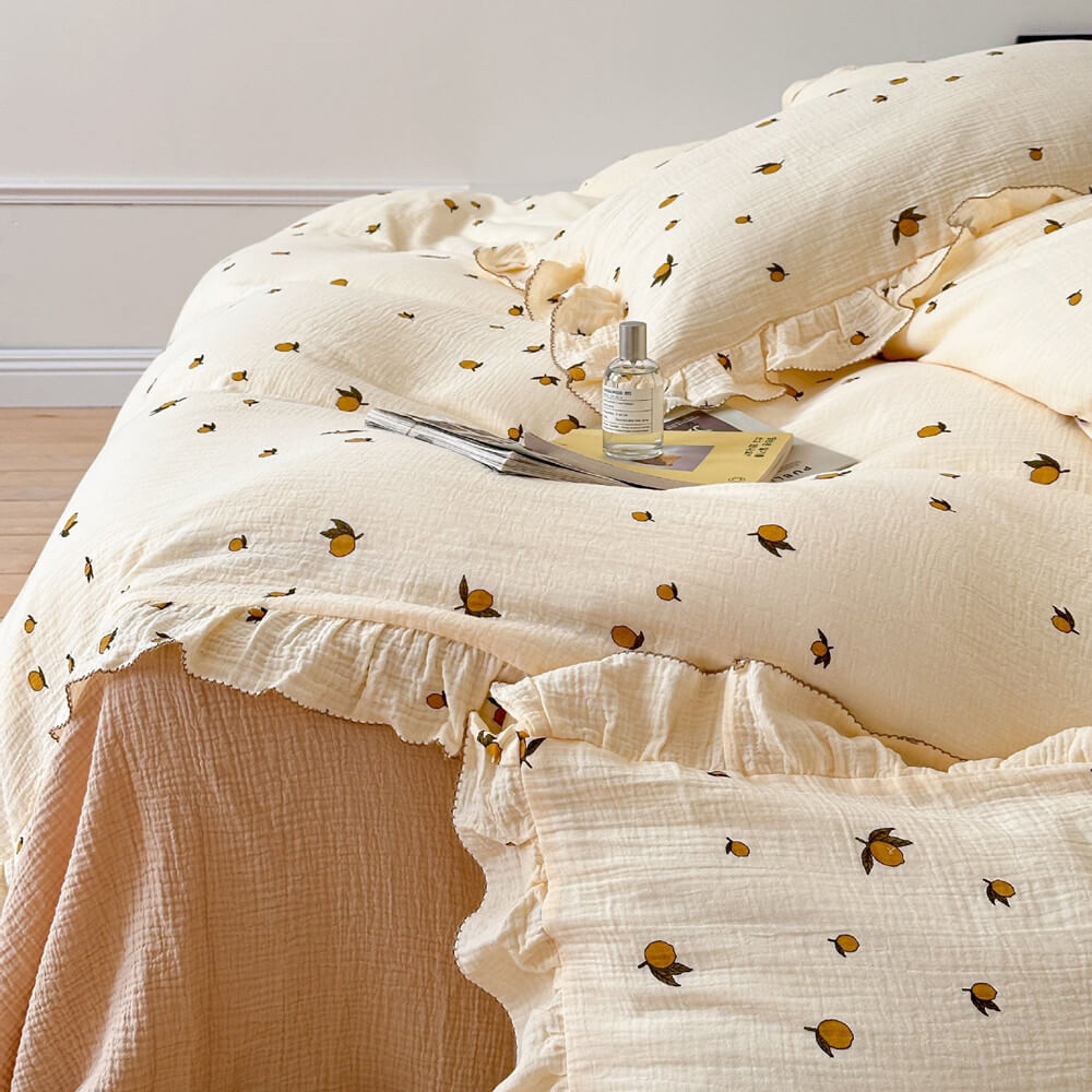 Zesty Lemon Cotton Muslin Duvet Cover Set – Ruffle Trim Bedding