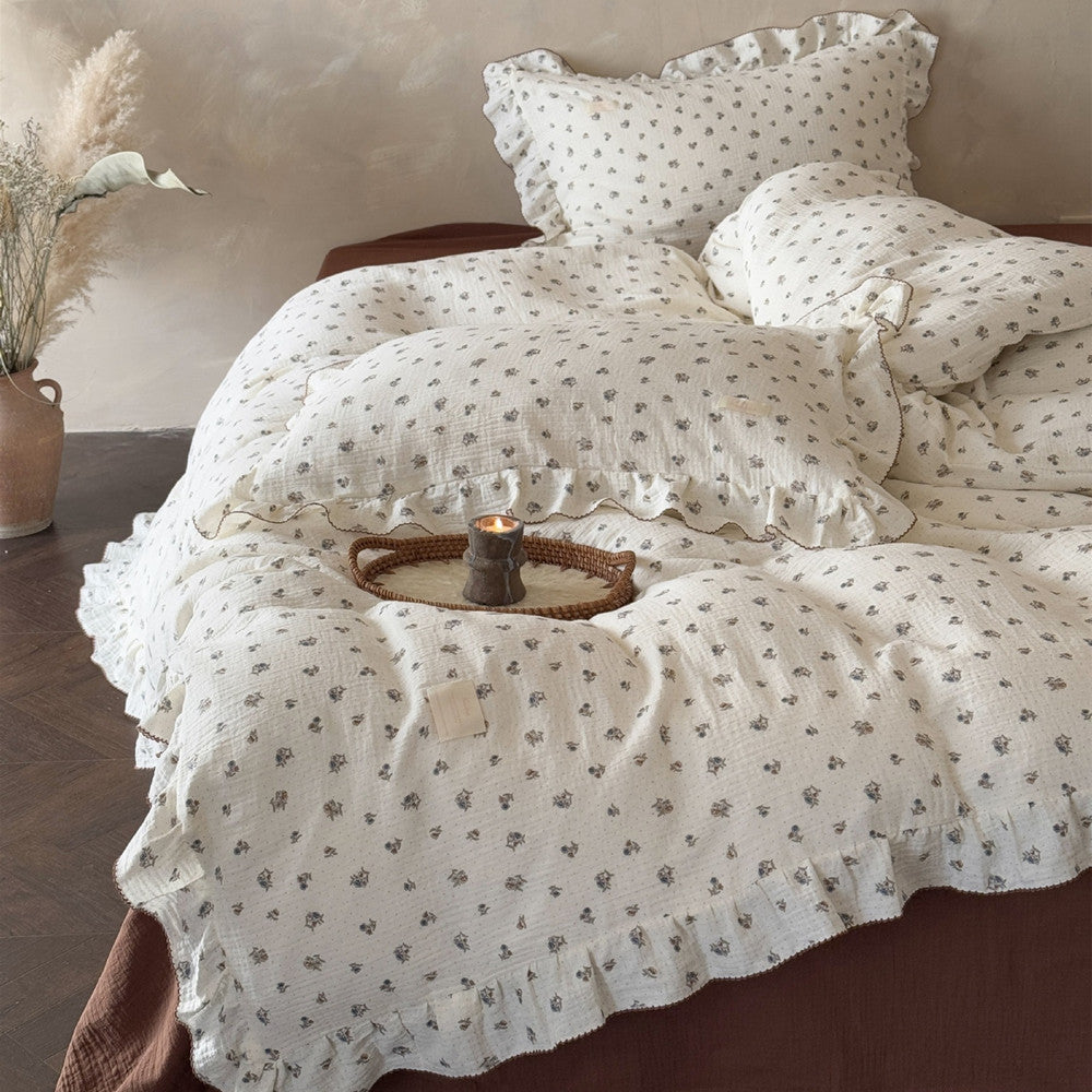 Vintage Floral Duvet Cover Set – Ruffled Cotton Gauze