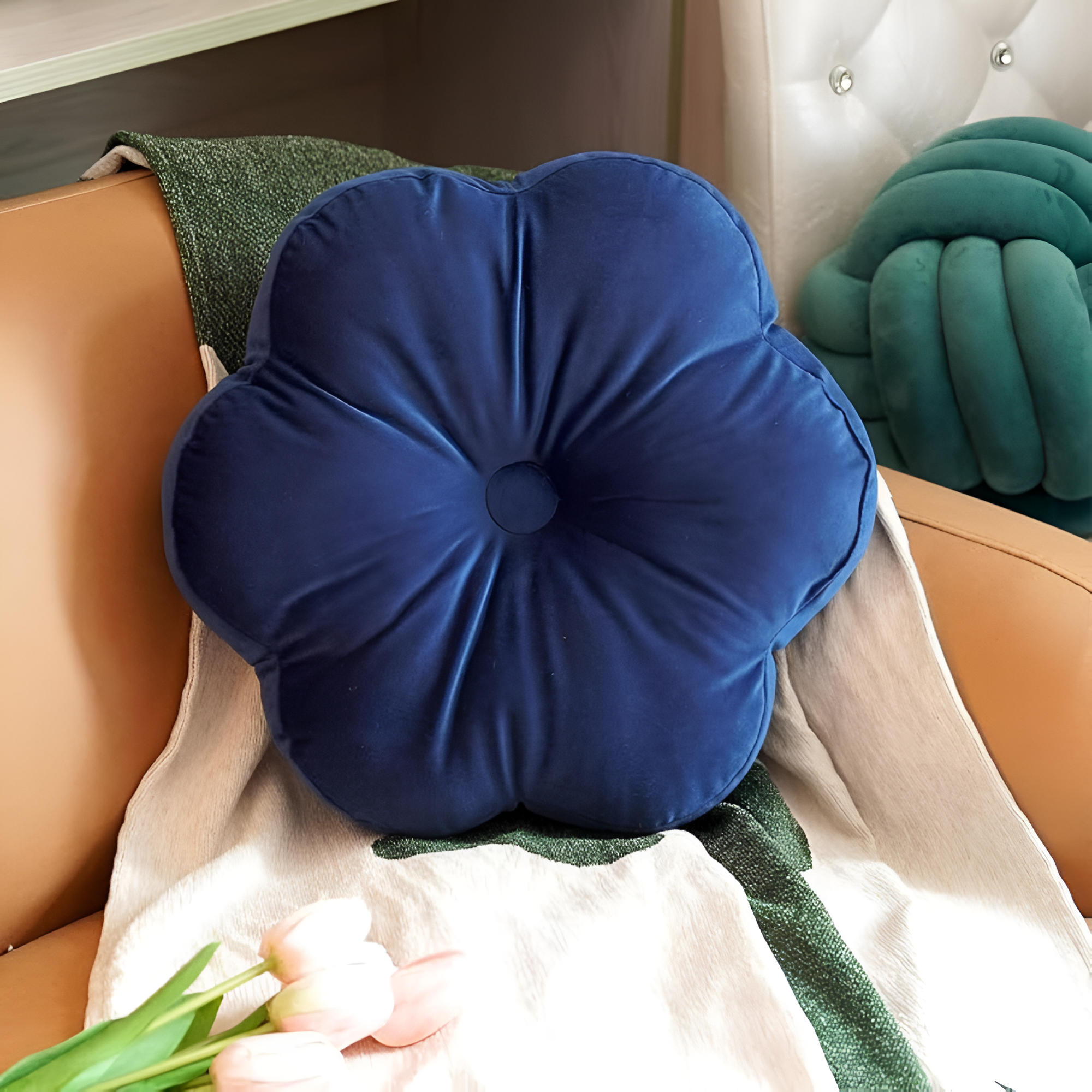 Plush Flower-Shaped Velvet Cushion Blue