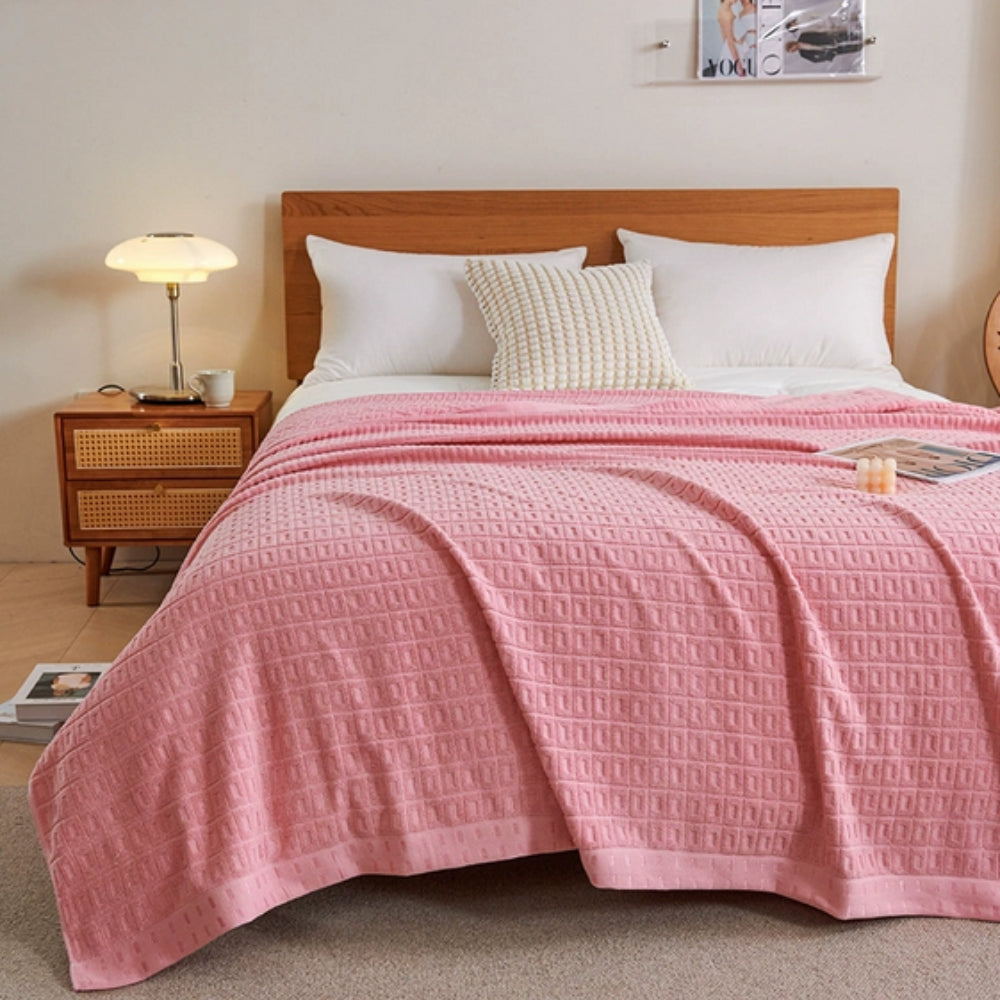 Waffle Cotton Summer Bedspread Throw Blanket Pink Bloom