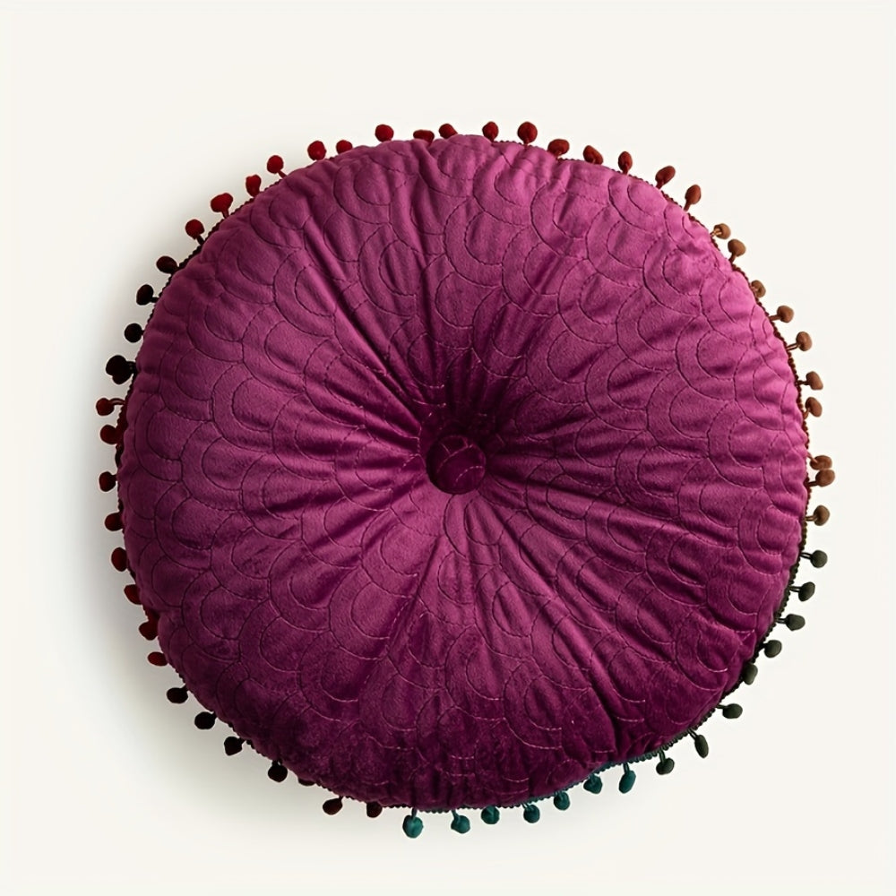 Veloura Round Vintage Quilted Ottoman Cushion Pad Berry Velvet