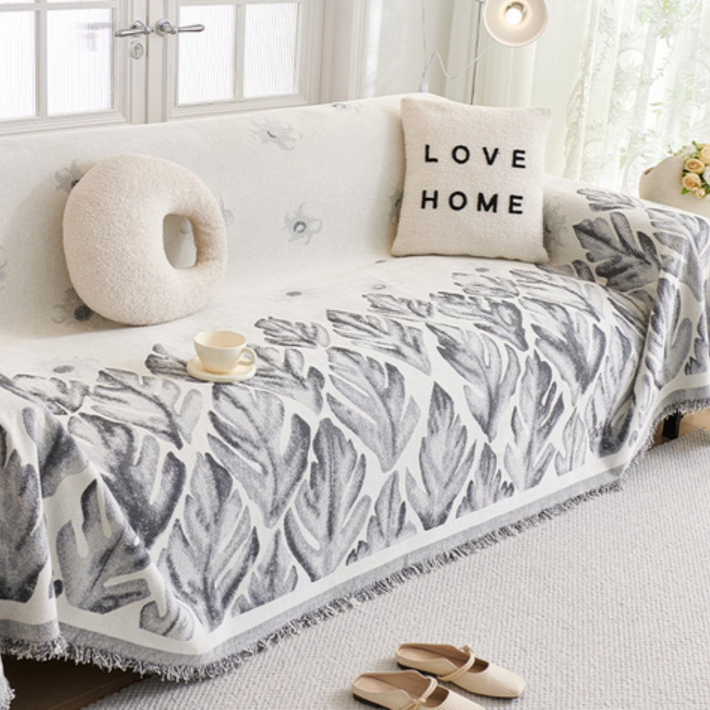Verdure Leaf Pattern Chenille Sofa Cover Ash Drift