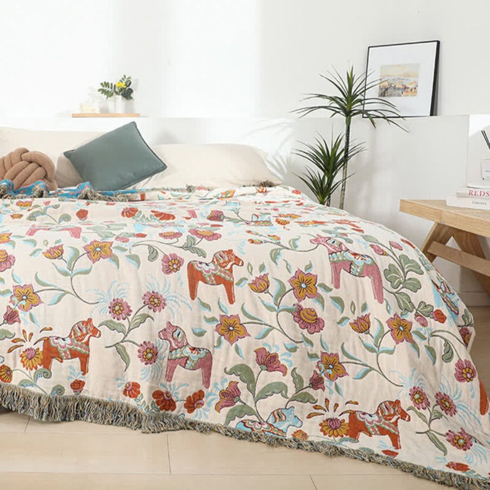 Vibrant Floral Garden Tassel Trim Blanket