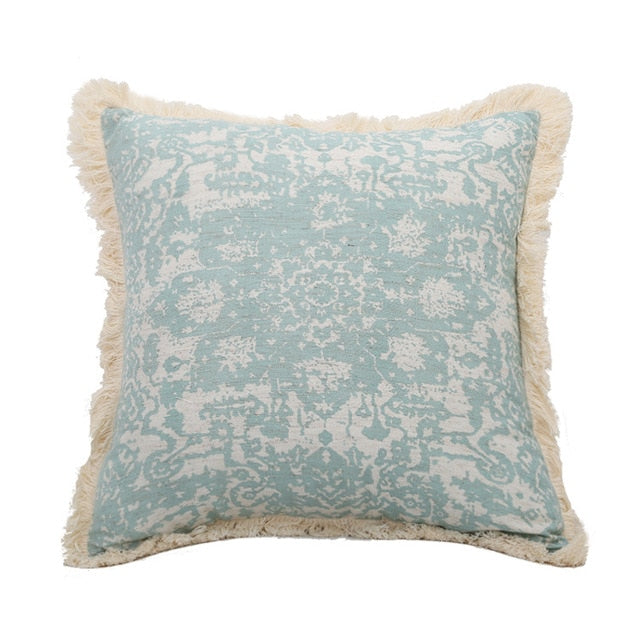 Vintage Blue Texture Pillow Cover with Tassles Medallion