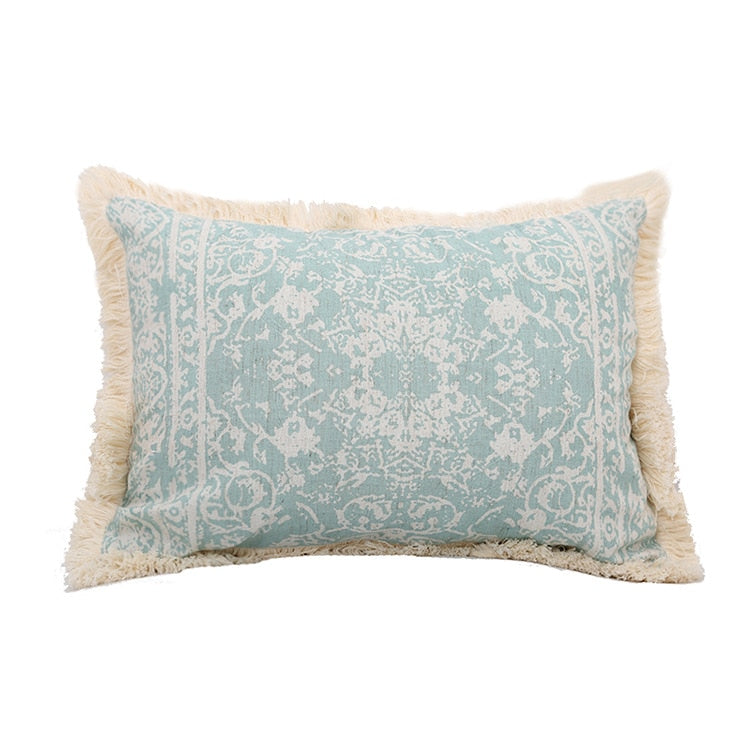 Vintage Blue Texture Pillow Cover with Tassles Emblem