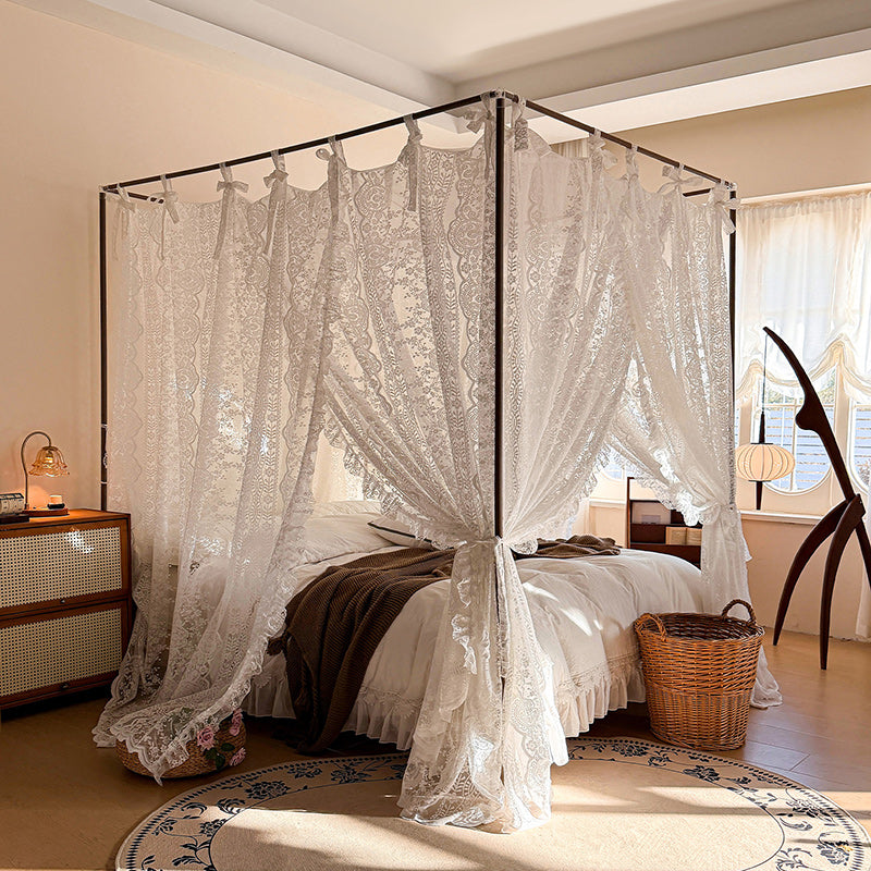 Romantic Lace Bed Canopy – Vintage Cottage Style Cream White