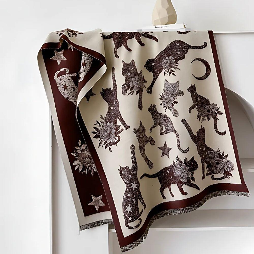Vintage-Inspired Cat Print Scarf Maroon Dusk