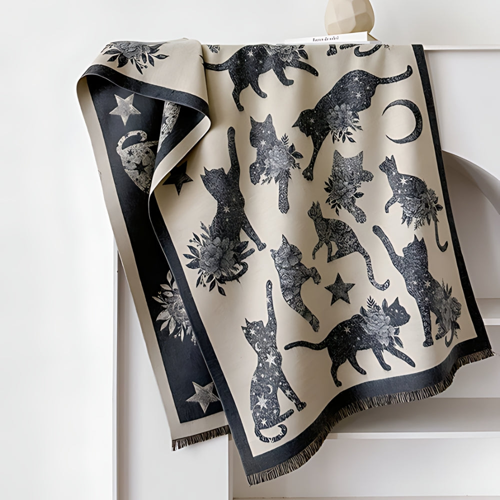 Vintage-Inspired Cat Print Scarf Ash Gray