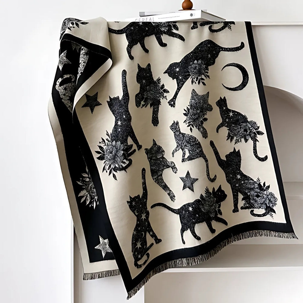 Vintage-Inspired Cat Print Scarf Classic Black
