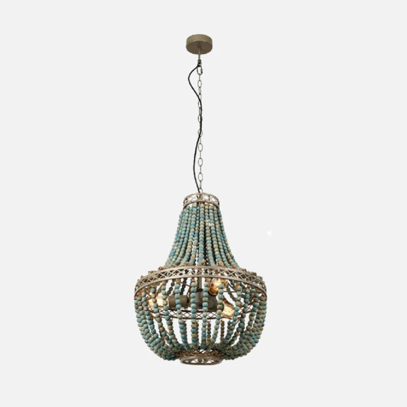 Wooden Bead Cascade Pendant Lamp Vintage Blue Large