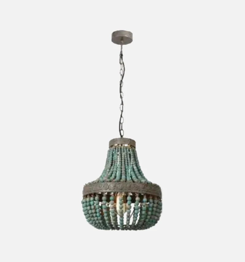 Wooden Bead Cascade Pendant Lamp Vintage Blue Small