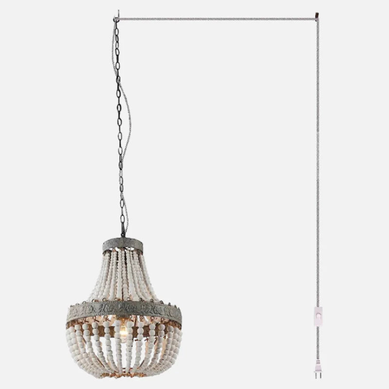 Wooden Bead Cascade Pendant Lamp Vintage White Type A Plug