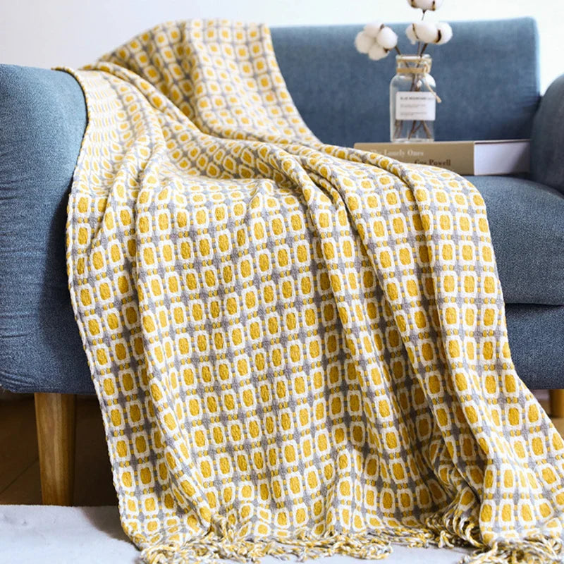 Vintage Summer Knit Throw Yellow Grid