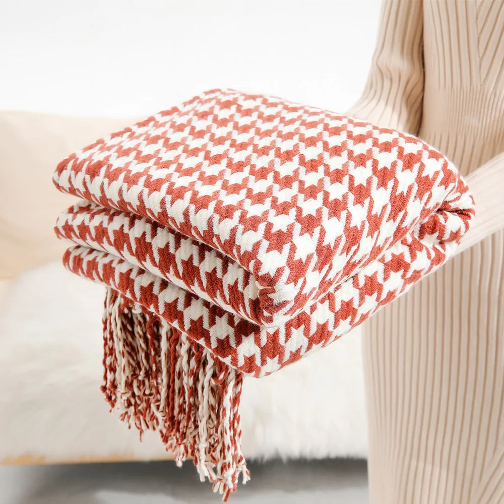 Vintage Summer Knit Throw Red Houndstooth