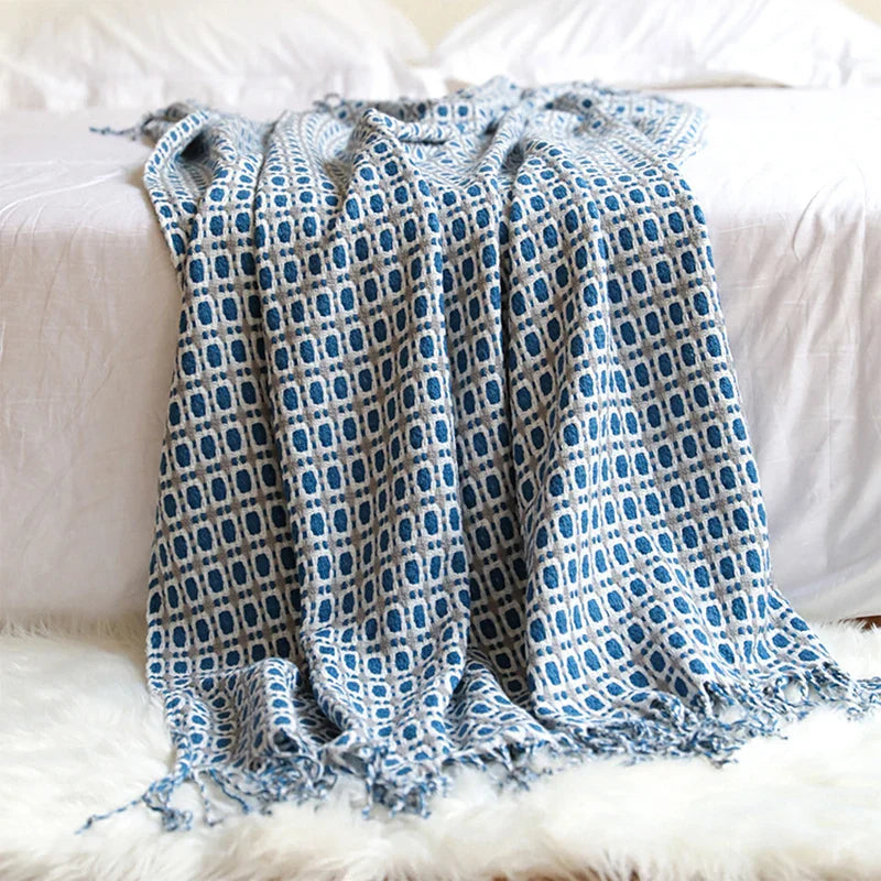 Vintage Summer Knit Throw Blue Grid