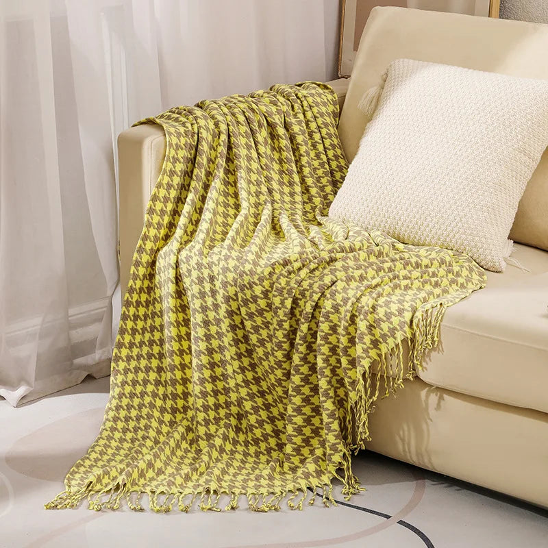 Vintage Summer Knit Throw Yellow Houndstooth