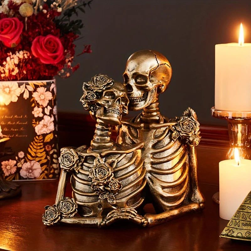 SkullMates™ - Vintage Elegant Gothic Skeleton Couple Figurine Holding Hands Antique Gold