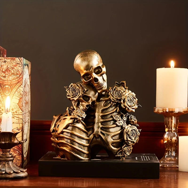 SkullMates™ - Vintage Elegant Gothic Skeleton Couple Figurine Hug Antique Gold