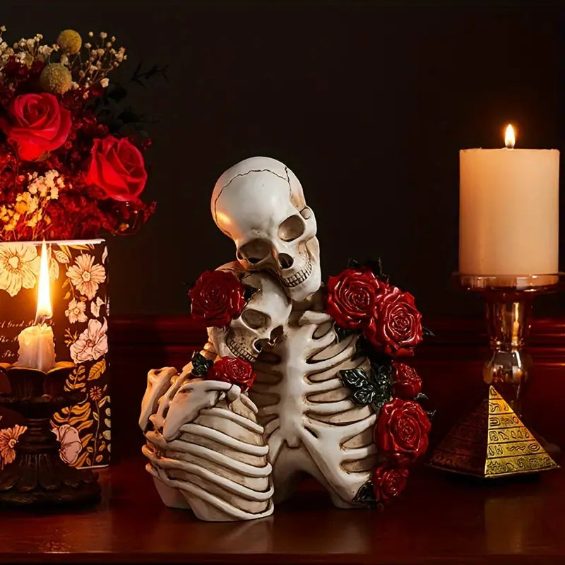 SkullMates™ - Vintage Elegant Gothic Skeleton Couple Figurine Hug Bone White