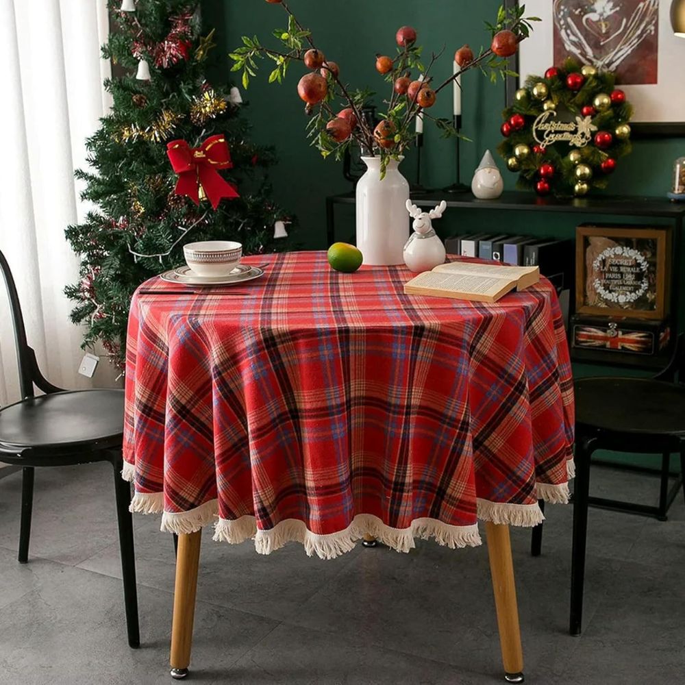 Vintage Holiday Plaid Round Tablecloth Crimson Cheer