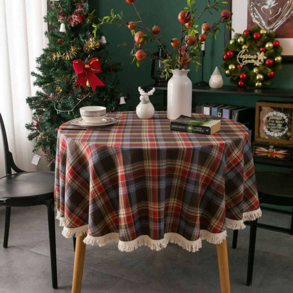 Vintage Holiday Plaid Round Tablecloth Rustic Berry